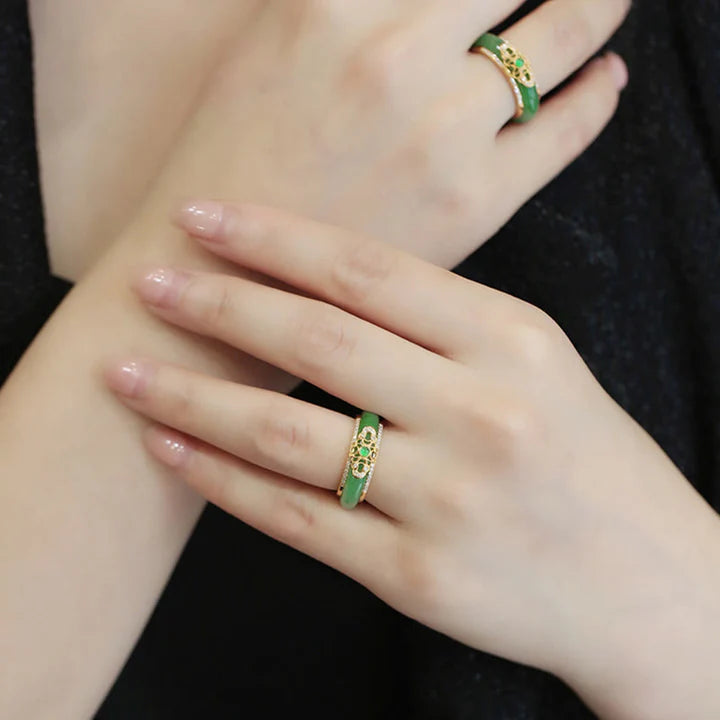 Buddha Stones 18K Gold Plated Natural Green Chalcedony Strength Ring
